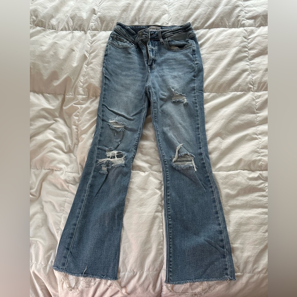 Studio blue distressed cropped boot cut jeans